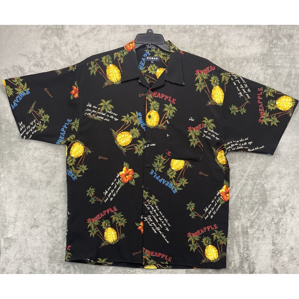 VTG Koman Sport‎ Hawaiian Shirt Mens XL Black Pineapple Floral Camp Aloha
